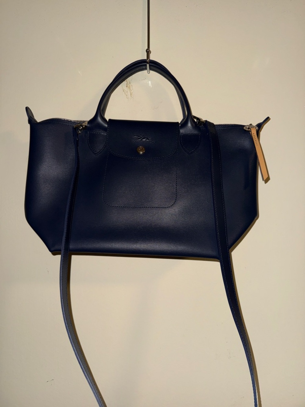 Longchamp Navy Blue Leather Tote with Tan Zip Pull